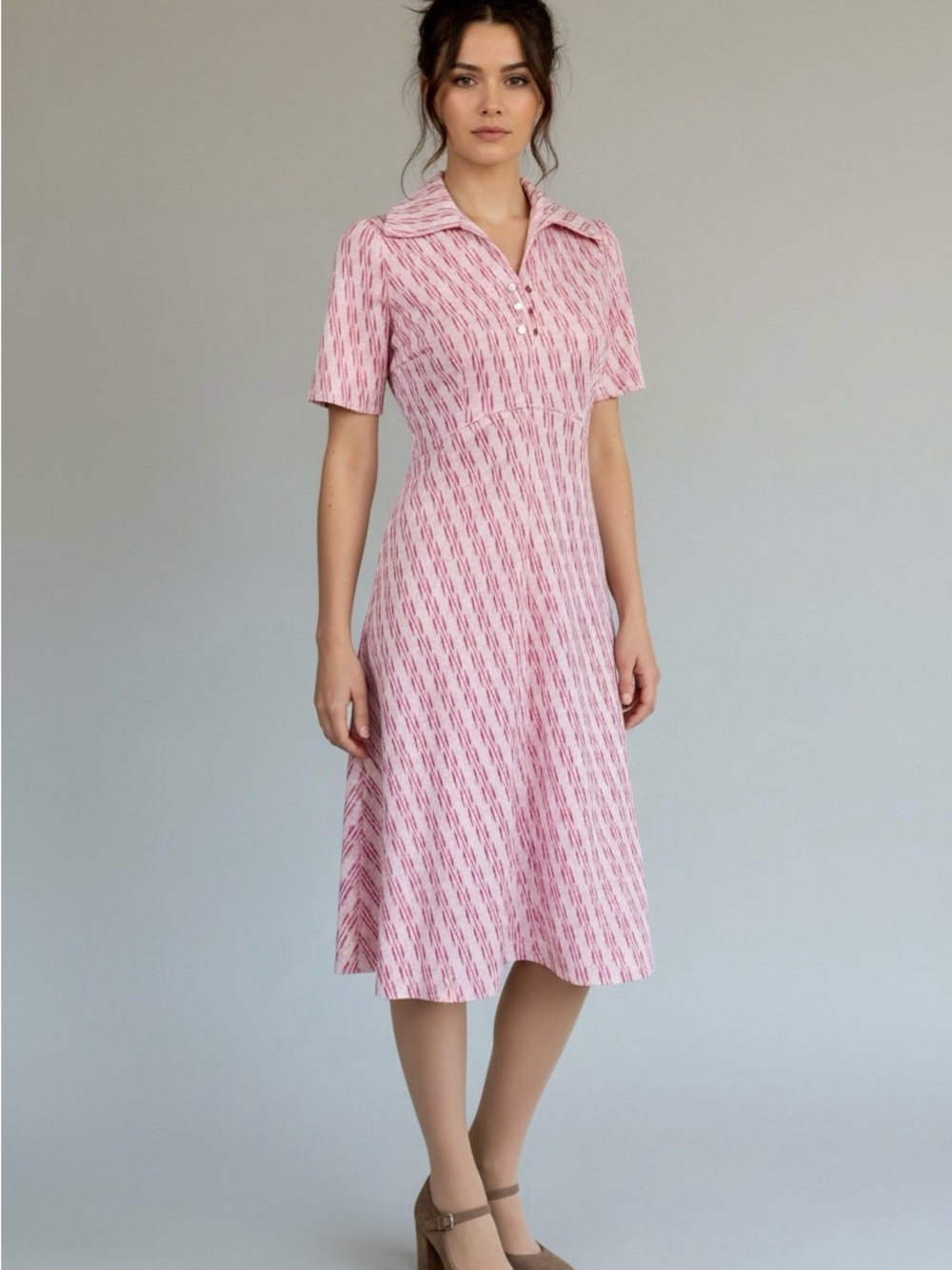 60s MOD Pink and Brown Mid Centry Print Dagger Collar Dress / M L